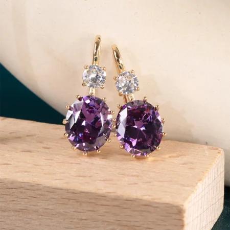 Boucles d'oreilles pendantes en argent 925 et or rose, zircon violet